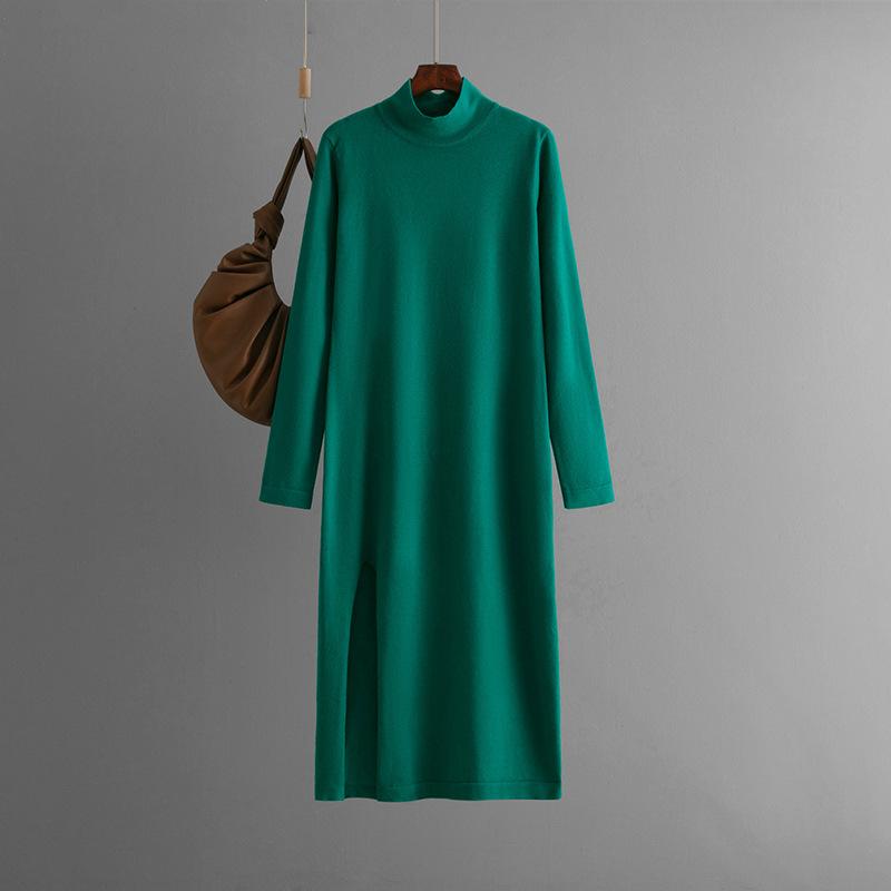 Herbst Winter Lazy Wind Loose Half High Collar Pulloverkleid Damen Langarm Strick Weit Geteilte Kleider One Size grün