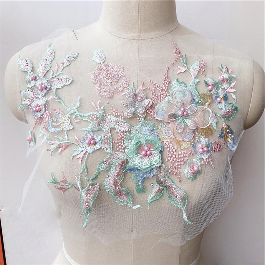 1 Stück 3D Blumen Perlenstickerei Aufnäher für Hochzeitskleid Kleidung Aufnäher zum Aufnähen DIY Florale Spitzenstoffe Applikation rosa grün