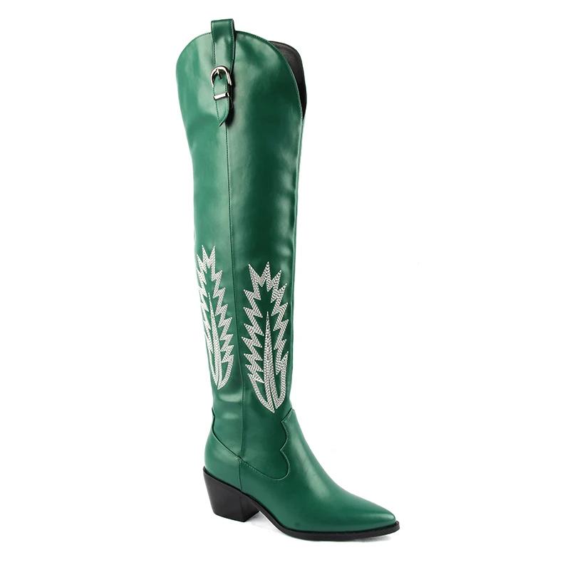 Mode Klassische Western Cowboy Stiefel für Damen Kniehohe Stiefel Bestickt Spitz Zehenbereich Klobiger Absatz Schuhe Frau Wintermode Grüner Stiefel 38 grün