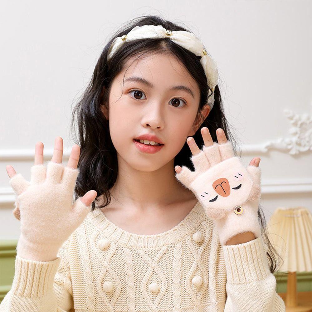 Verdickte Halbfinger-Klapphandschuhe für Studenten, Nerz-Fleece, Weihnachtsgeschenke, Kinder-Winterhandschuhe für Jungen und Mädchen Capybara-Beige