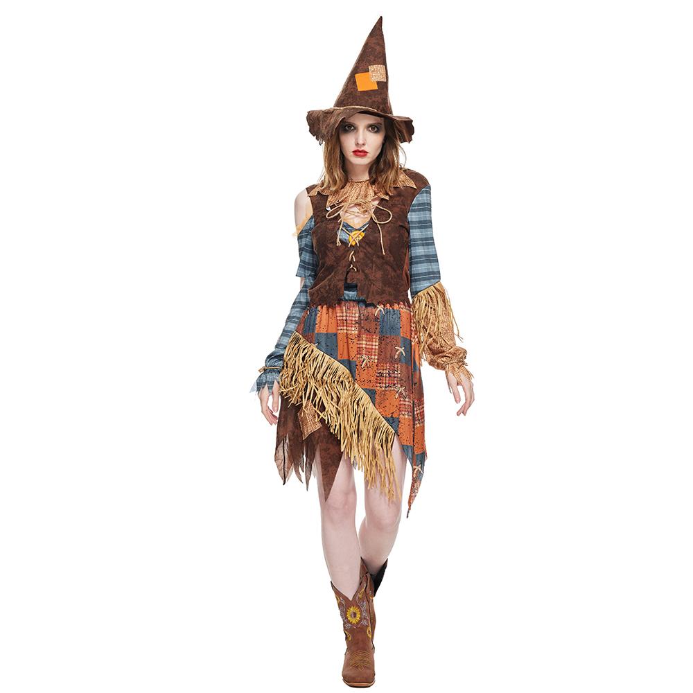 Halloween-Kostüm für Damen, böse Vogelscheuche, Strohkleid-Set für Erwachsene S bunt
