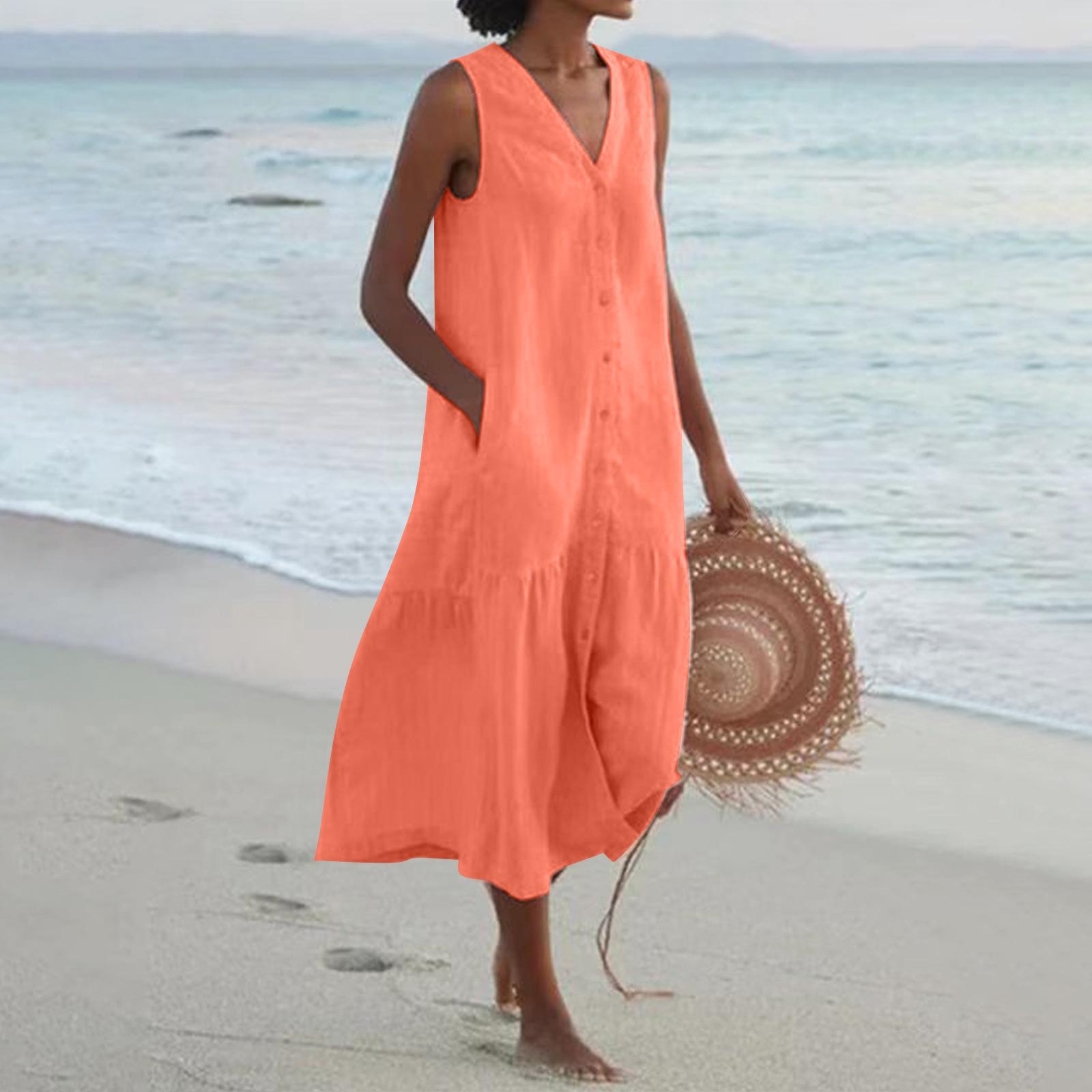 Sommer Baumwolle Leinen Locker Lässig Patchwork Taschen Kleid V-Ausschnitt Strandstil Kleid Ärmellos Vintage Einfarbig Damen Kleid XS orange