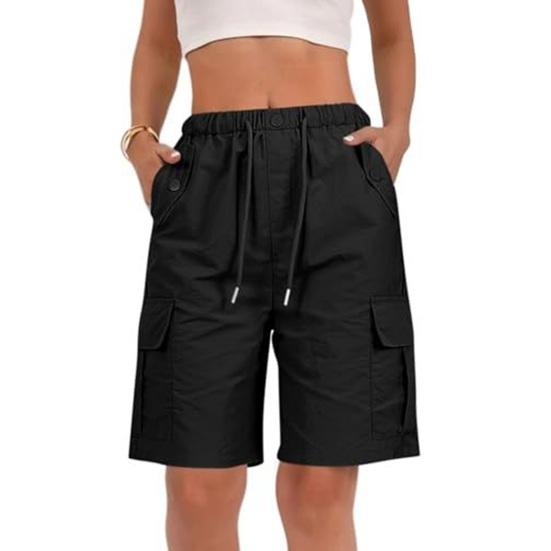 Damen Wander-Cargo-Shorts mit mehreren Taschen, Leicht, Schnelltrocknend, Sommer-Shorts mit Kordelzug, Elastischer Bund, Bermuda-Shorts für Outdoor, Wandern, Arbeit S schwarz