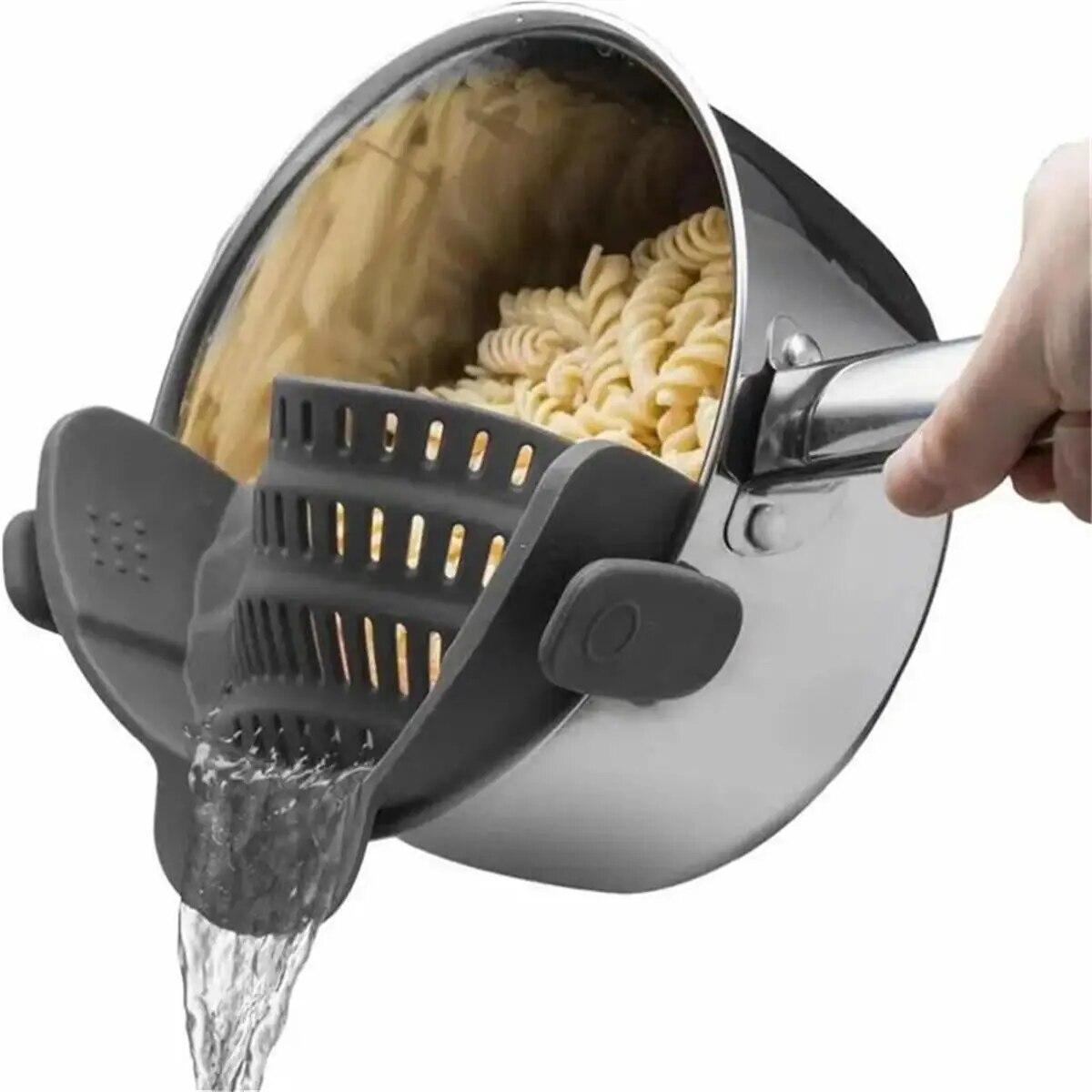 1 verstellbares Silikon-Clip-On-Sieb für Töpfe, Pfannen und Schüsseln – Handabtropfgestell für Nudeln, Pasta grau