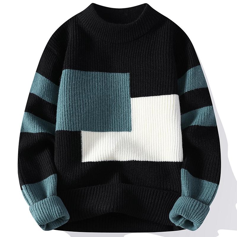 Winter Herbst Pullover Männer Koreanischen Stil Herren Warme Pullover Rundhals Herren Pullover Spleißen Farbe Muster männer Wolle Pullover Männlich L schwarz