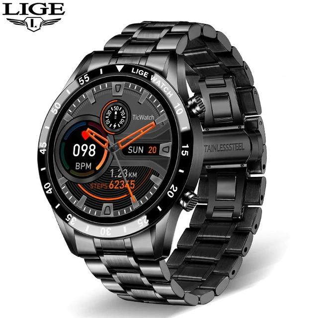 LIGE 2021 Neue Smart Uhr Männer Voller Touchscreen Sport Fitness Uhr IP67 Wasserdichte Bluetooth Für Android ios smartwatch Herren steel belt schwarz
