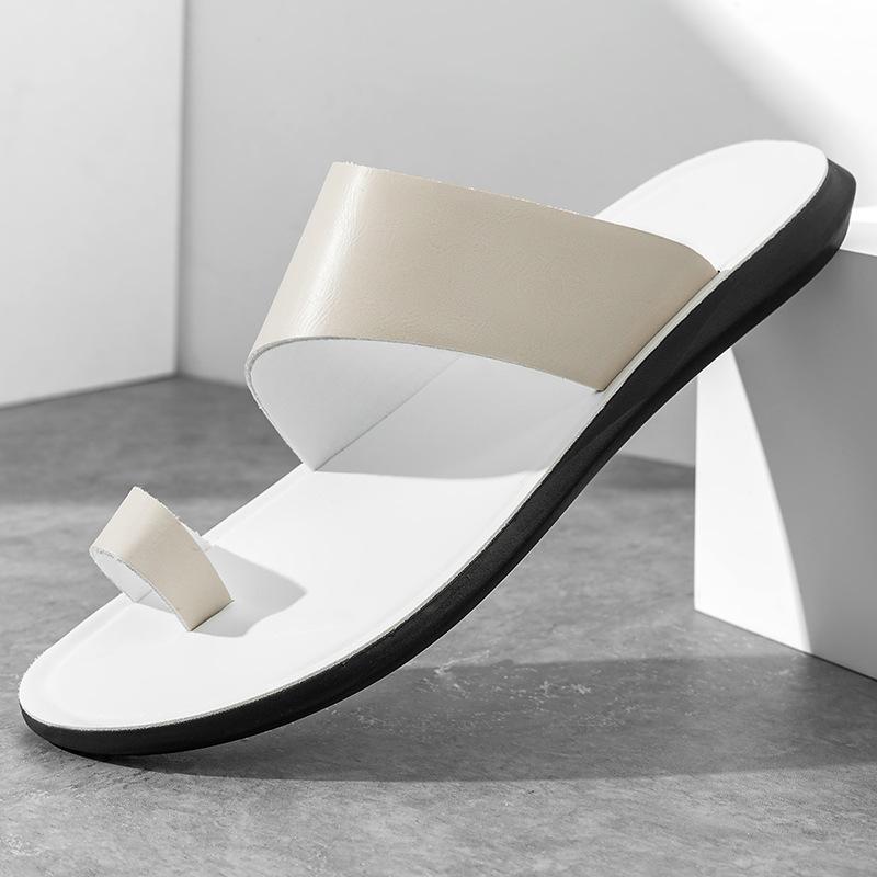 Herren Hausschuhe 2025 Sommer Neu Lässige Leder Hausschuhe Bequem Rutschfest Herren Flache Sandalen Peep Toe Strand Hausschuhe Luxus Pantoletten 47 beige