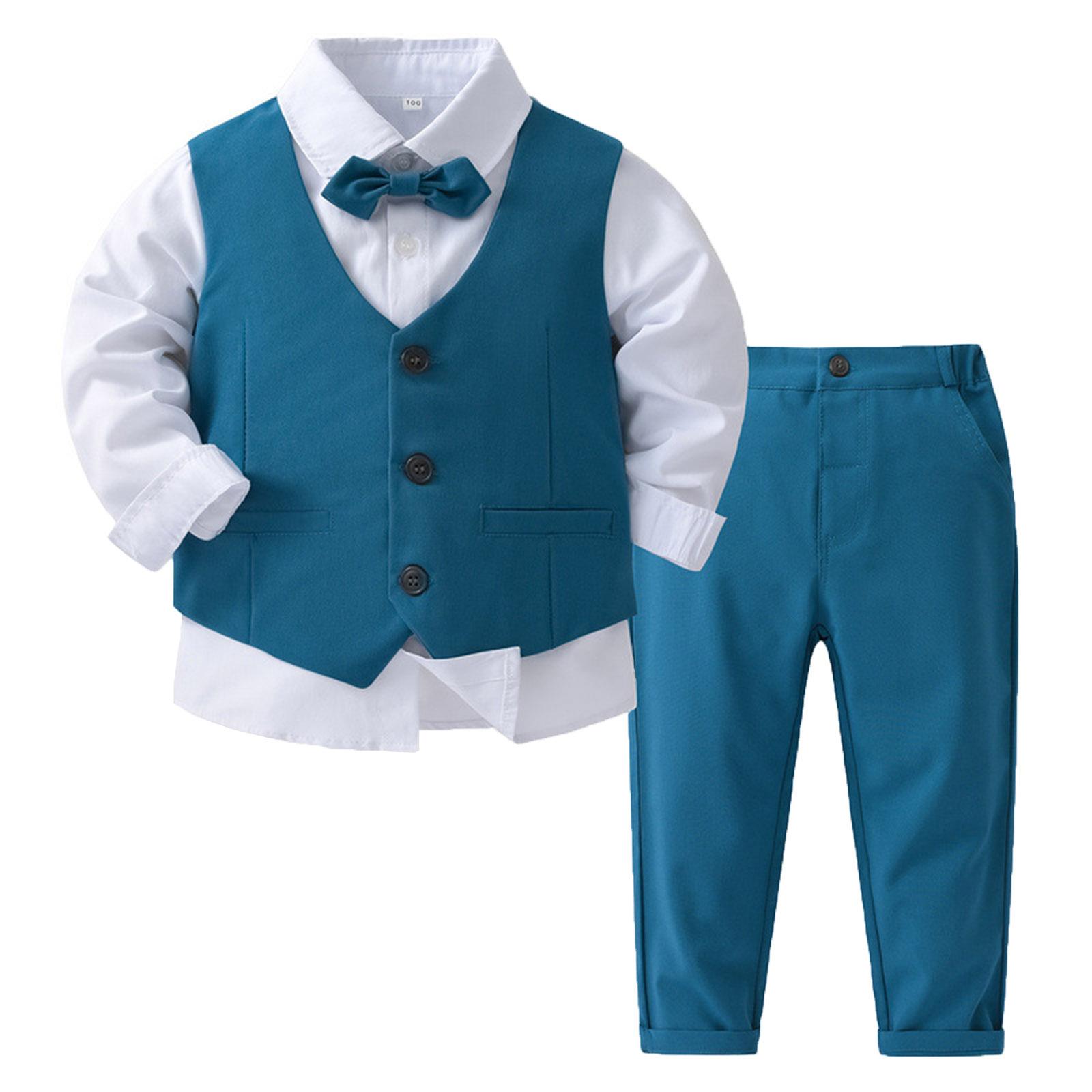 Jungenanzüge Gentleman Smoking Fliege Hemd Anzug Weste Hose 3-teilig Schicke Kleinkind Babykleidung für Taufe Geburtstagsfeier 9-12 Months blau