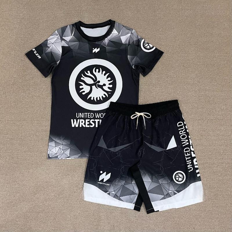 2026 Neues United World Wrestling Sportset Herren Kinder Schwarz Weiß T-Shirt & Shorts Schnelltrocknend MMA Trainingskampfanzug 160 black