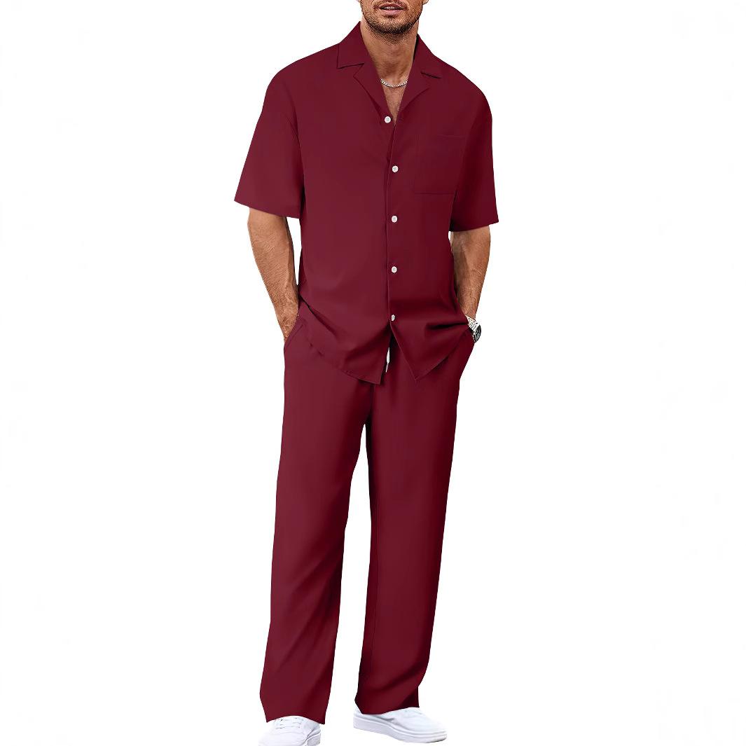 (Hemd+Hose) Sommer Herrenmode Klassisches Hemd Herren Business Casual Shirts Herren Ein Satz Kleidung L rot