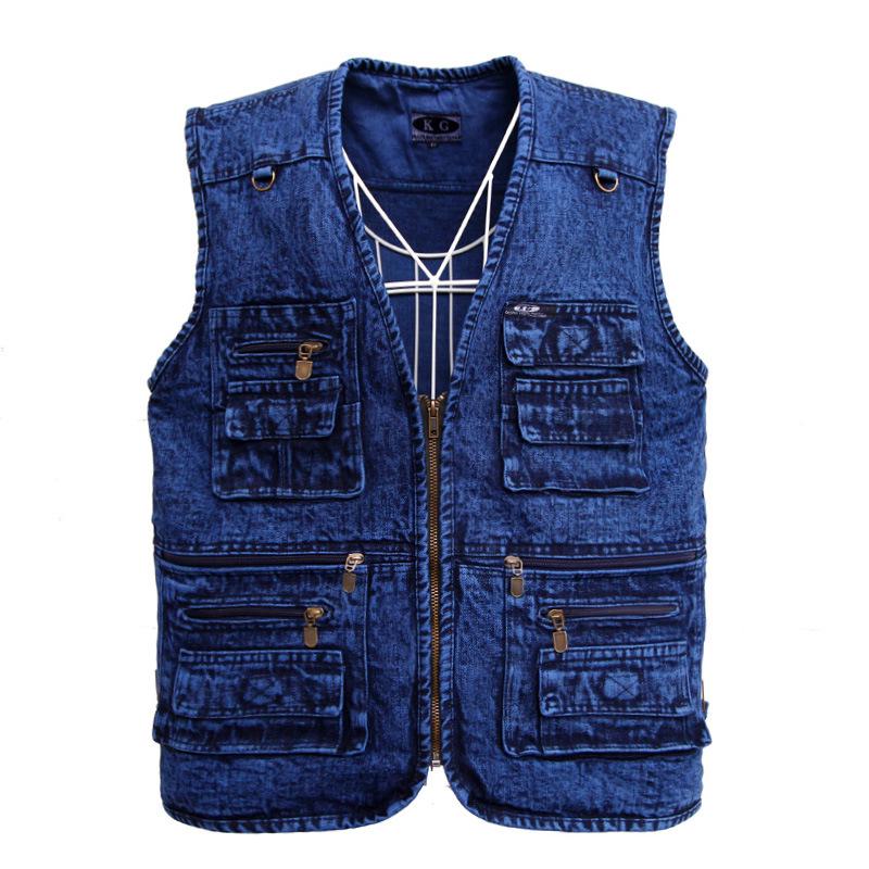XL-5XL Jeansweste für Herren mittleren Alters und ältere Menschen aus Baumwolle mit mehreren Taschen und Dünger zur Vergrößerung der Herrenweste im Frühling und Herbst XXL blau
