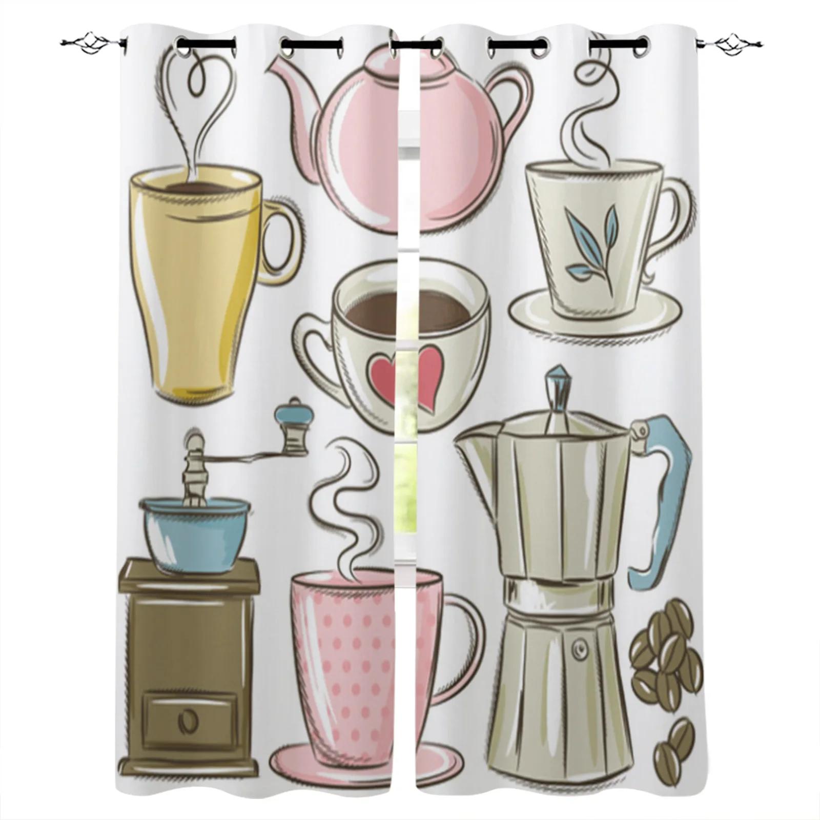 Cafe Graffiti Teetasse Hot Dog Essen Vorhänge Schlafzimmer Küche Dekorative Vorhänge 2er-Set Wohnzimmer Vorhänge Ösenoberseite cortinas (W50H130cm)-2pcs&Hook beige