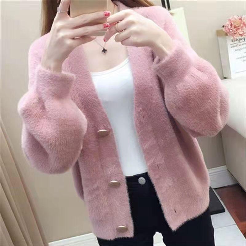 Damen Nerzfleece Strickjacke Jacke Rosa Frühling und Herbst Koreanischer Pullover Femme Kurz Locker Weiße Jacke Weiblich XXXL rosa