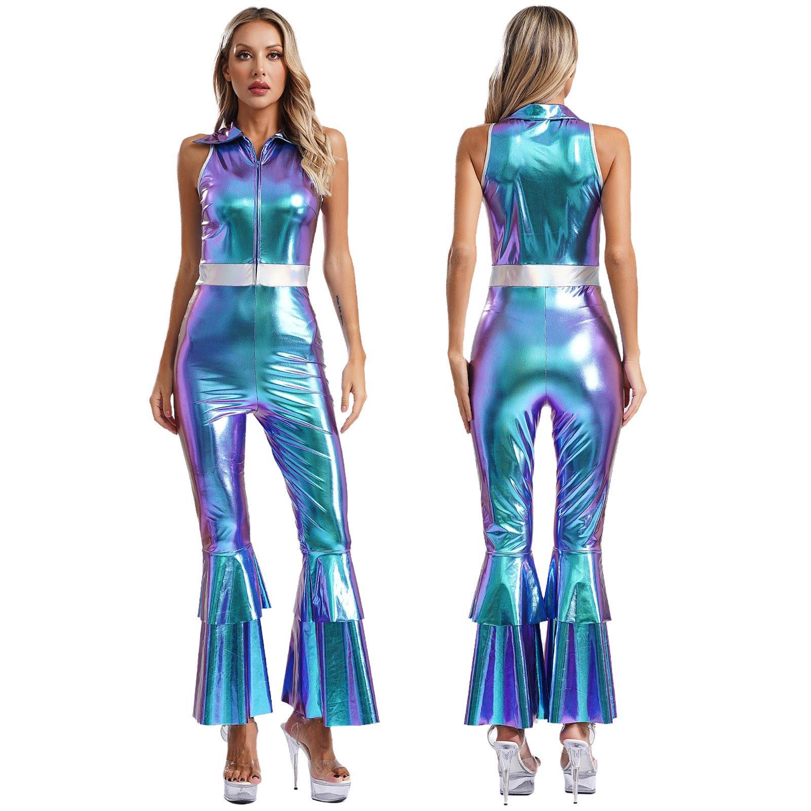 Damen Metallic-Jazz-Modern-Dance-Overall, 70er-Jahre-Disko-Mottoparty, Sängerin, Tänzerin, Cosplay-Kostüm für Halloween, Karneval, Rave S blau
