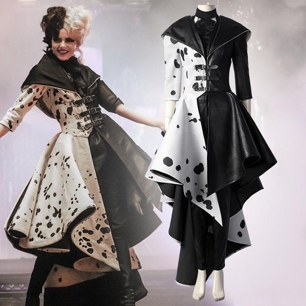2025 Cruella De Vil Cosplay Kostüm Erwachsene Frauen Cruella Schwarz Weiß Gepunktetes Kleid Jacke Cruella Cosplay Kostüm Mantel Kleid Outfit 185cm schwarz