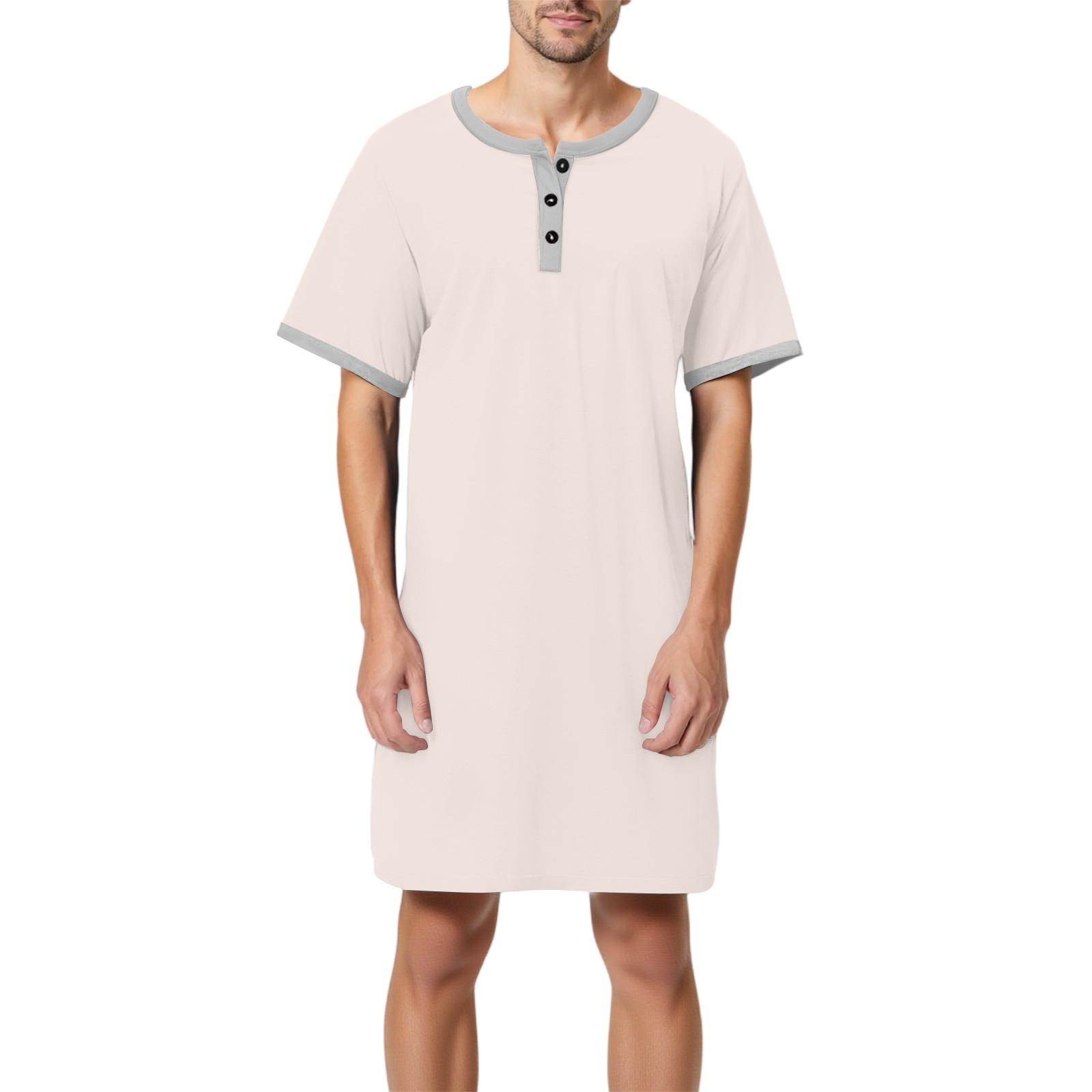 Herren Einfarbig Baumwolle Kurzarm Pyjama Button-Down Kragen Lange Lockere Pyjama Hauskleidung L beige