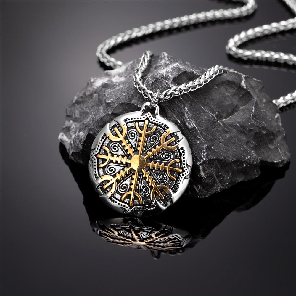 Nie verblassend Nordischer Kompass Gold Halskette Herren Wikinger Runen Edelstahl Dreizack Vegvisir Amulett Anhänger Schmuck