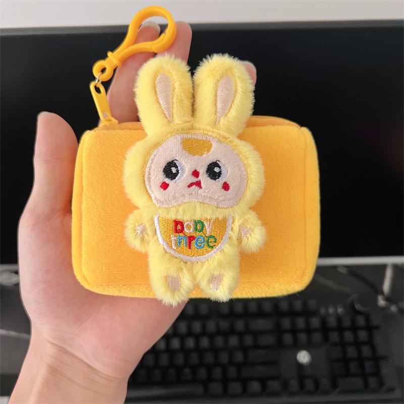 Niedliche Labubu Plüsch-Münztasche Cartoon Anime Geldbörse für Kleingeld Schöne Kopfhörer-Aufbewahrungstasche Mini Tragbar Kleine Geldbörse Schlüsselanhänger gelb