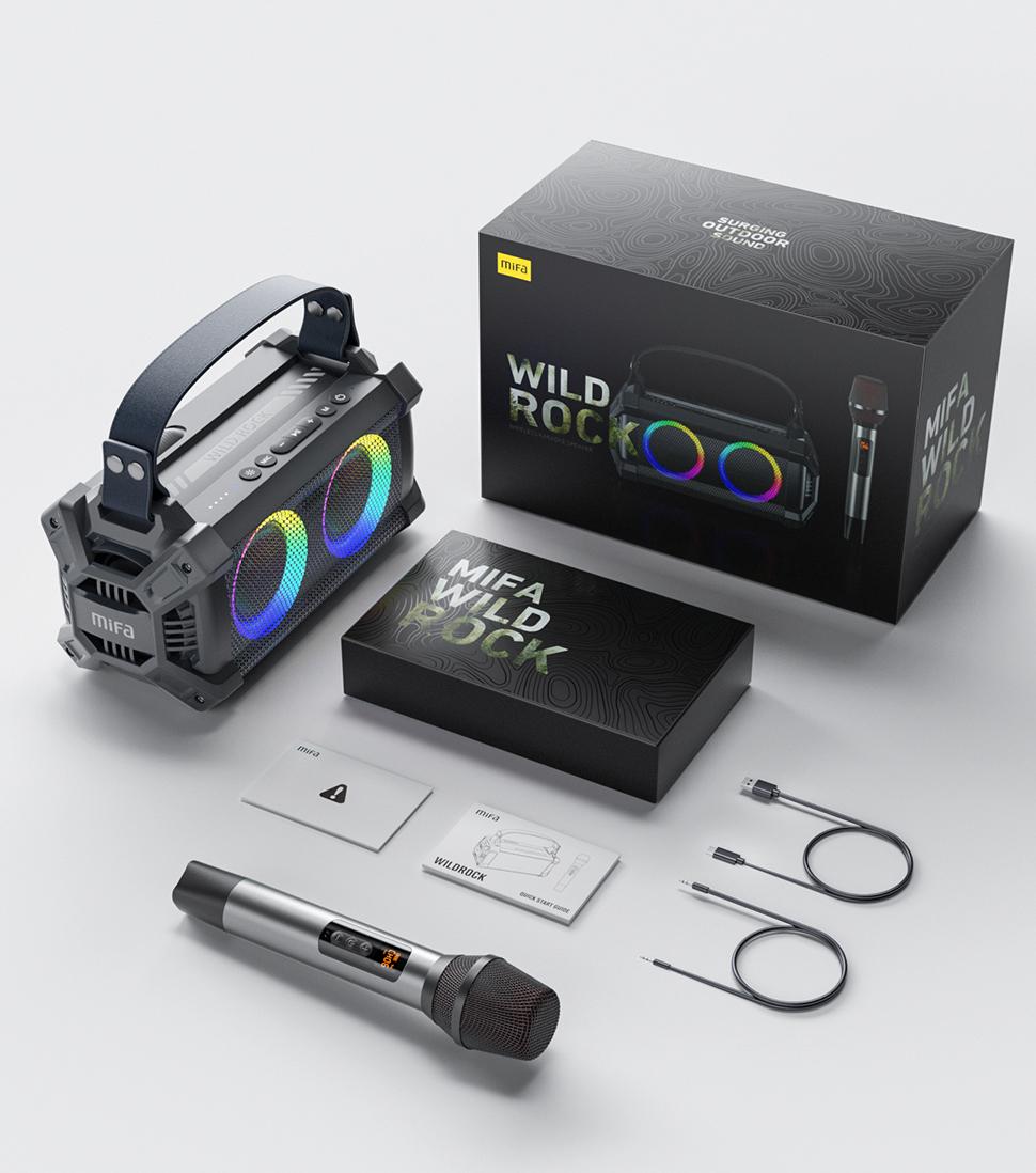 MIFA WildRock Tragbarer Karaoke-Party-Lautsprecher mit kabellosem Mikrofon, Bluetooth 5.0-Lautsprecher, 60 W kraftvoller Sound, 13 Stunden Spielzeit schwarz