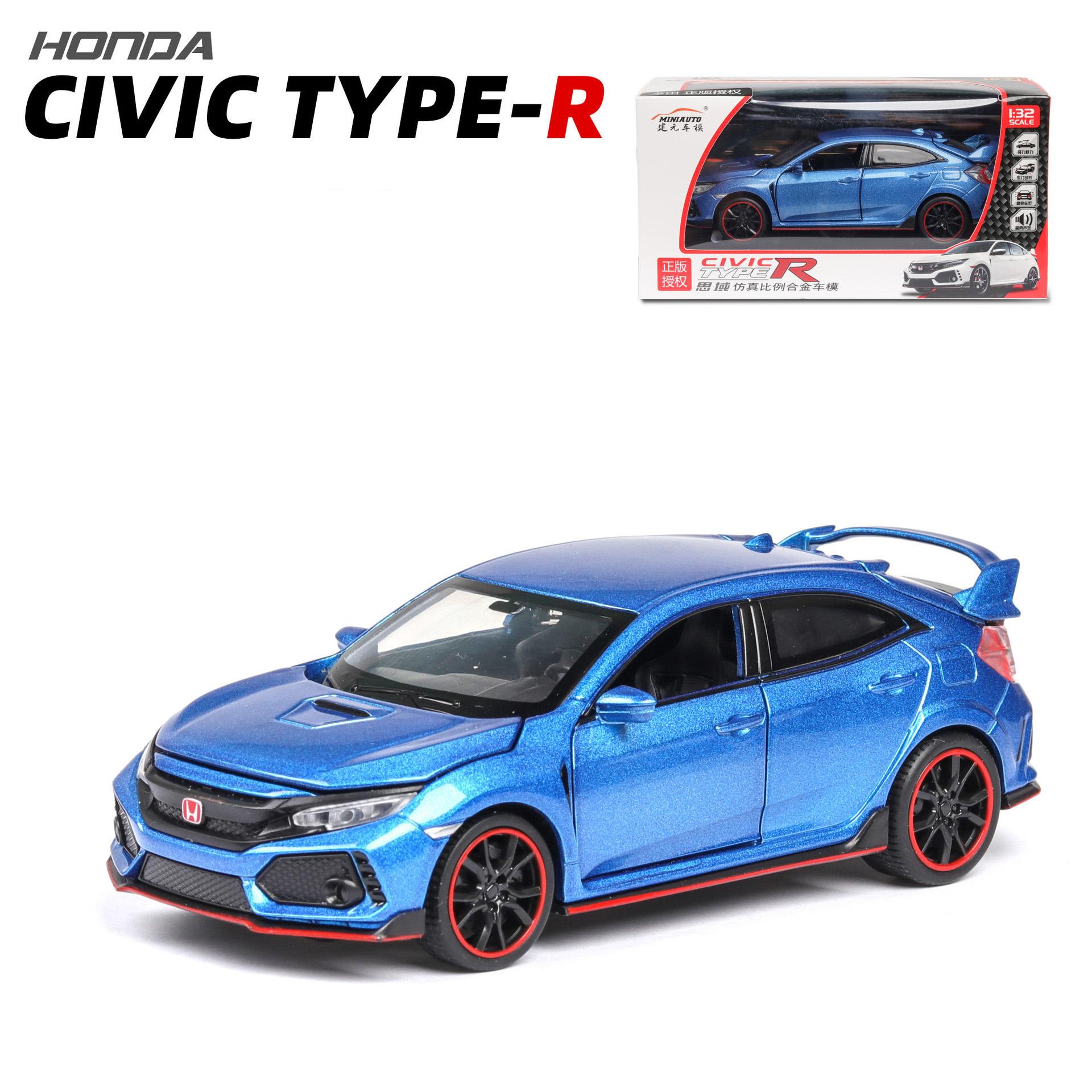 1:2017 Honda Civic Type-R Modellauto aus Druckguss, Maßstab 32, mit offenen Türen, Licht und Sound, für Kinder, Jungen, Mädchen, Erwachsene, Herren, Sammlung 1/32-15x6.5x5cm blau