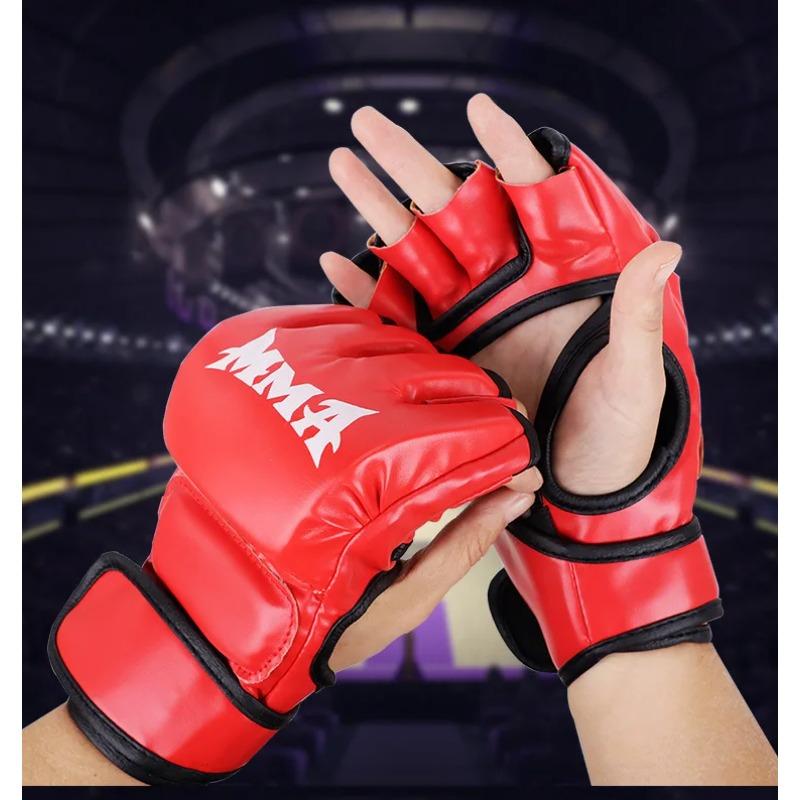 Professionelle Boxtrainingshandschuhe, Halbfinger-Lederkissen für Sanda-Boxen für Erwachsene, UFC-Training, Sandsack, Schlagring rot