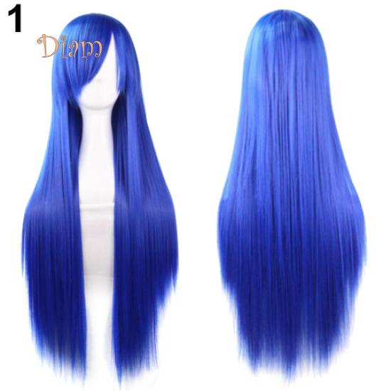 Fetong Mode Mädchen Frauen Lange Cosplay Schräge Pony Gerade Volle Perücken Haarverlängerung blau
