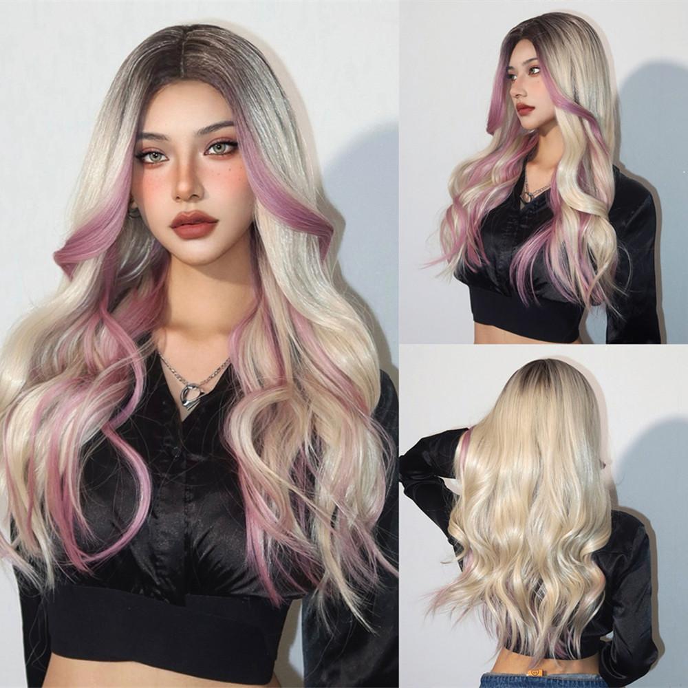 HAIRCUBE Weiß Platin Gemischt Braun Synthetische Perücken Lange Gewellte Haar Perücken für Frauen Mittelteil Täglichen Hitzebeständig Perücken
