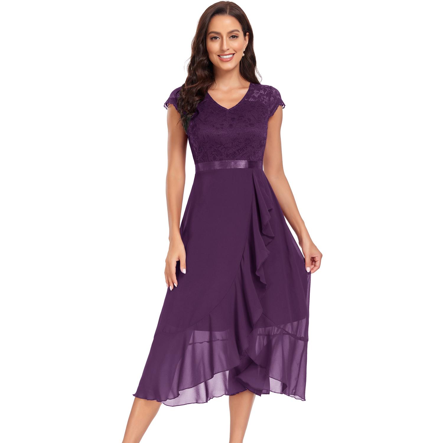 Damen Swing-Kleid mit V-Ausschnitt, Spitzenoberteil, unregelmäßiger Chiffon-Rüschenrock, Midi-Abschlussball, formelle Anlässe, Kleider für Party, Hochzeit, Abend, Cocktail L violett