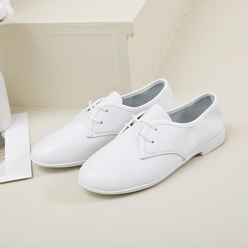 Krankenschwester-Schuhe für Damen, Schnürung im britischen Stil, schlichtes Rindsleder, flache, lässige weiße Schuhe für Damen 37