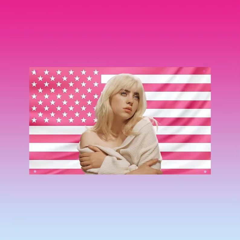 Billie Eilish Rosa Amerikanische Flagge Wandteppich Amerikanische Flagge Gamer Dekor Wandbehang für den Innenbereich Raumdekoration Wandkunst Tapisserie 125x150cm (50x60in)