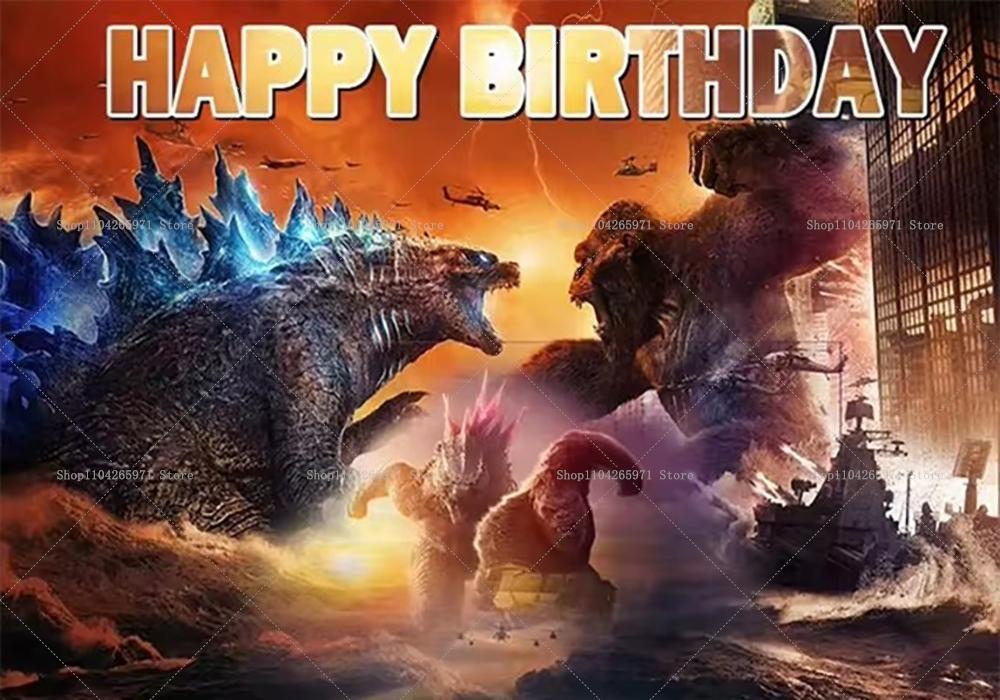 Godzilla vs King Kong Cartoon Hintergrund Banner Monster Clash Abenteuer Thema Kindergeburtstag Party Dekoration Foto Hintergrund Zubehör 150X100CM orange