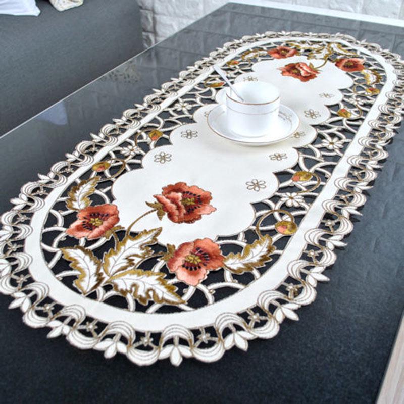Ovale Vintage-Tischdecke mit bestickter Spitze, Blumen-Tischdecke/Matten-Dekoration