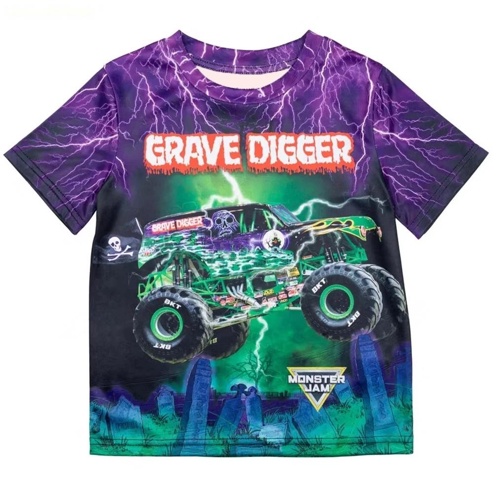 Kinder T-Shirt Mode Monster Truck Cartoon 3D Druck Kinder Kurzarm T-Shirt Locker Lässig Sommer Outdoor Jungen und Mädchen T-Shirts Oberteile 160 blue