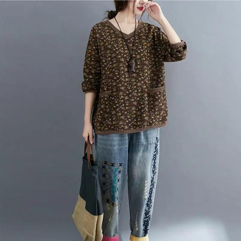 Übergroßes Vintage T-Shirt Damen Baumwolle Leinen T-Shirt Langarm Blumenmuster Lose T-Shirt Frau Herbst T-Shirt Damen Tops Casual S
