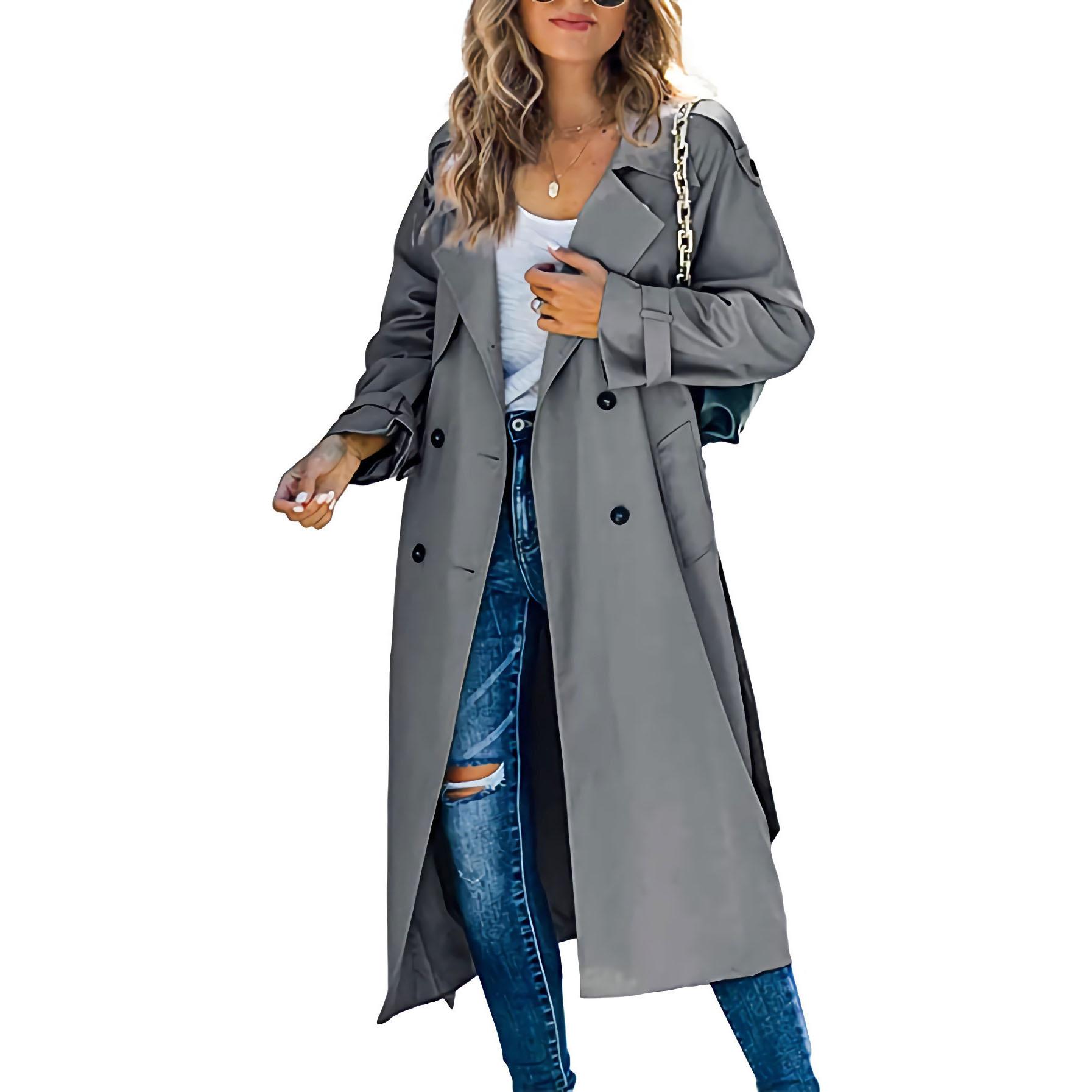 Damen Vintage Langer Trenchcoat Klassischer Zweireihiger Revers Langarm Winddichter Mantel mit Gürtel Elegante Jacken Streetwear L dunkelgrau