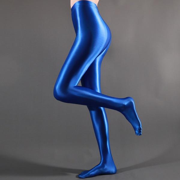 Damen Plus Size Blickdichte, elastische Strumpfhosen, glänzende Strümpfe, Strumpfhosen mit hoher Taille, Oberteil, glatte Strümpfe XL blau