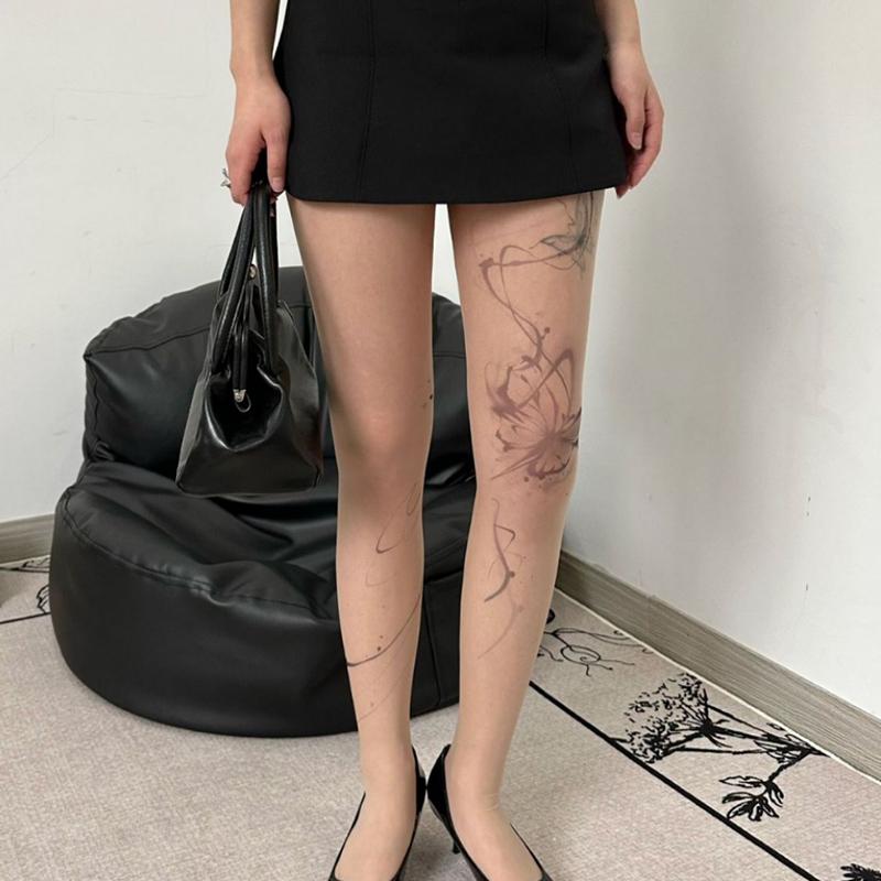 Sexy Damen Schmetterling Tattowierte Strümpfe Splash Ink Design Punk Strumpfhosen Punk Buchstabe Dünne Anti-Haken Strumpfhosen Spitze Party Strumpfhosen brown