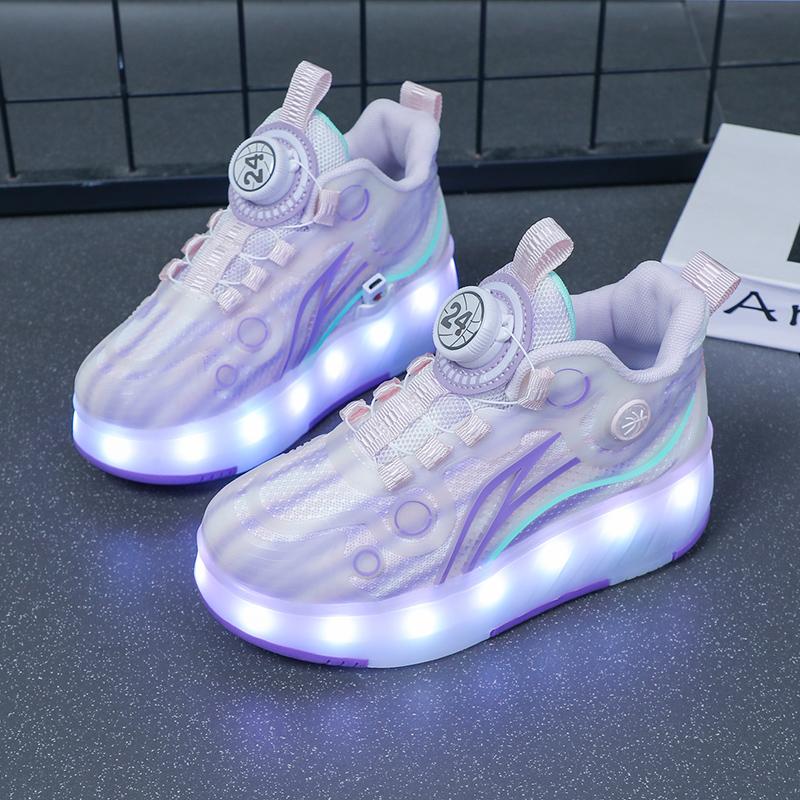 Vier Rad Neue Mesh Wiederaufladbare LED Wanderschuhe Rotierenden Knopf kinder Rollschuhe Mädchen Schuhe Jungen Wanderschuhe 33 violett