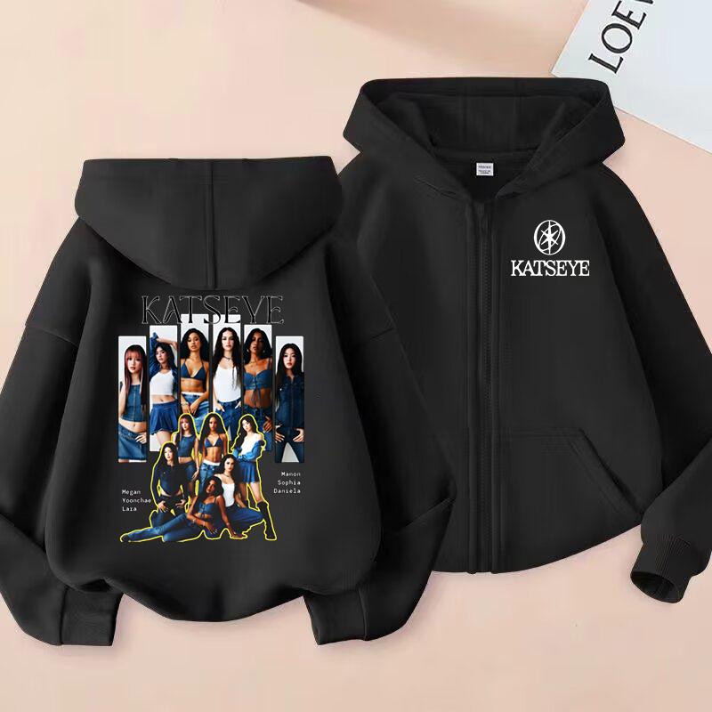 Kinder Reißverschluss Sweatshirts Kpop Katseye Aufdruck Hoodie Kinderkleidung Kinder Freizeit Oberteile Mädchen Junge Sweatshirt Reißverschluss Kapuzenpullover Streetwear 150 black