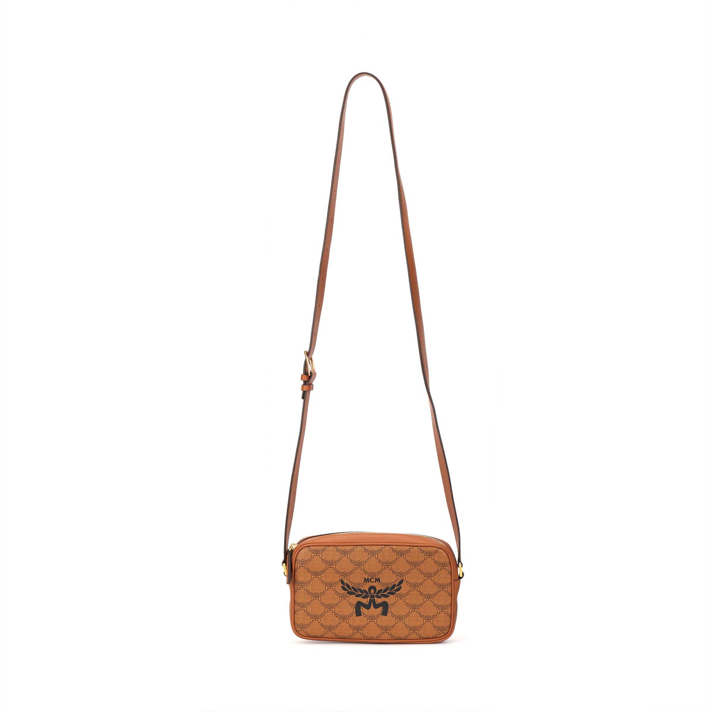 MCM Monogramm-Print Reißverschluss Leinwand und Leder Crossbody Schultertasche Kleine Größe Unisex-Taschen Cognac MMRESAC01CO001 Basic Set (Bag+Dust Bag)