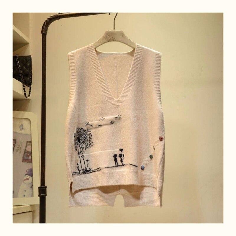 Gestickte V-ausschnitt Strick Pullover Weste Femal Cartoon-Muster Rüschen Lose Ärmellose Bodenbildung Pullover Pullover Weste Frauen 2021 One Size beige