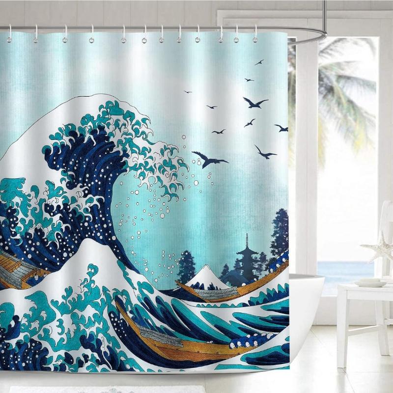 Große Welle Duschvorhang, Japanischer Anime Kanagawa Ozeanblau Badezimmer Dekor Polyesterstoff Wasserdichter Vorhang mit 12 Haken 90x180CM