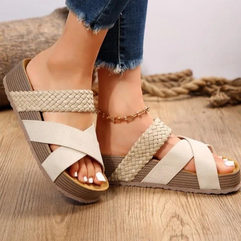 Mode Mode Flatform Kork Sandalen Damen Sommer 2024 Rutschfeste Plateau News Pantoletten Damen Dicke Sohle Outdoor Slides Schuhe Frau 35 grauweiß