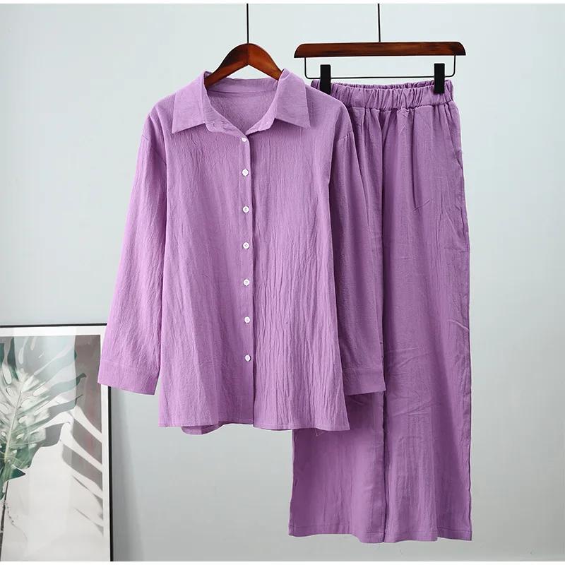 Damen Muslim Set Weite Hosen Set Zweiteiliges Set Leinen Knöpfe Hemd Anzug Ramadan Eid Dubai Ensemble Arabische Outfits XXL violett