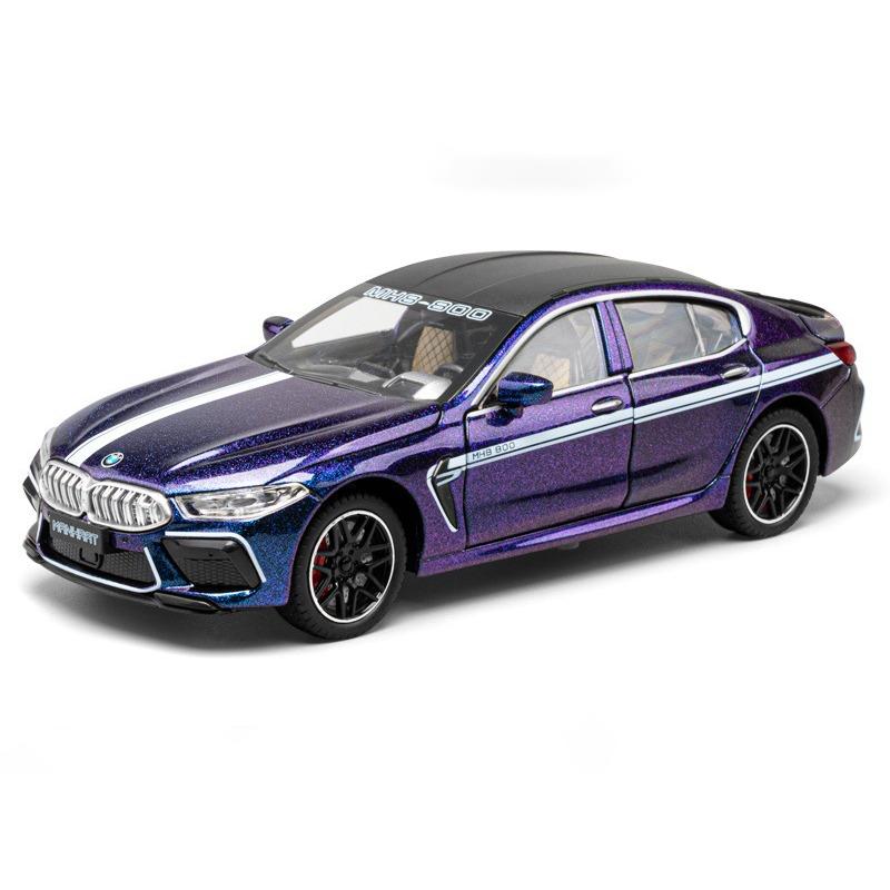 1/24 BMW M8 MANHART Rennwagenmodell aus Legierung, Druckguss-Sportwagen aus Metall, Modell mit Ton- und Lichtsimulation, Kinderspielzeug, Geschenk violett