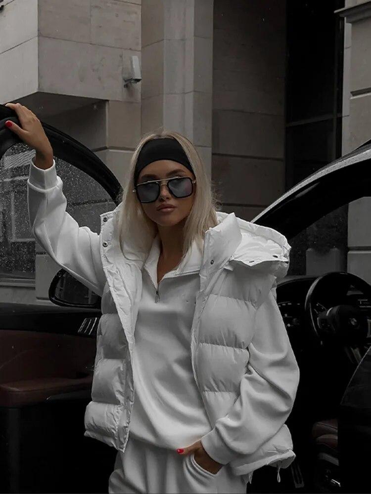 Winter Verdicken Weste Weste Frauen Winter Baumwolle Warme Parka Straße Zipper Weibliche Mit Kapuze Top Große Tasche Ärmellose Lose Mantel S weiß
