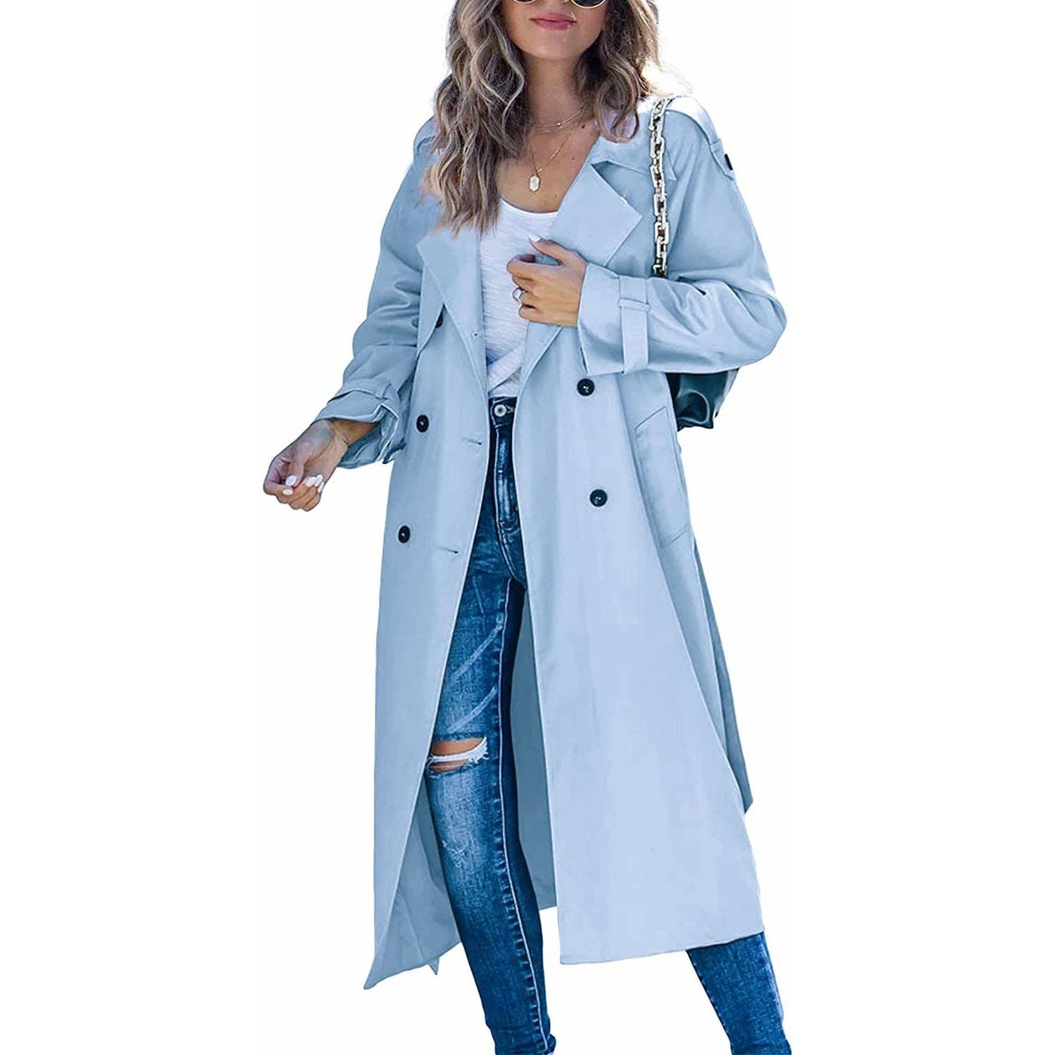 Damen Vintage Langer Trenchcoat Klassischer Zweireihiger Revers Langarm Winddichter Mantel mit Gürtel Elegante Jacken Streetwear L himmelblaue