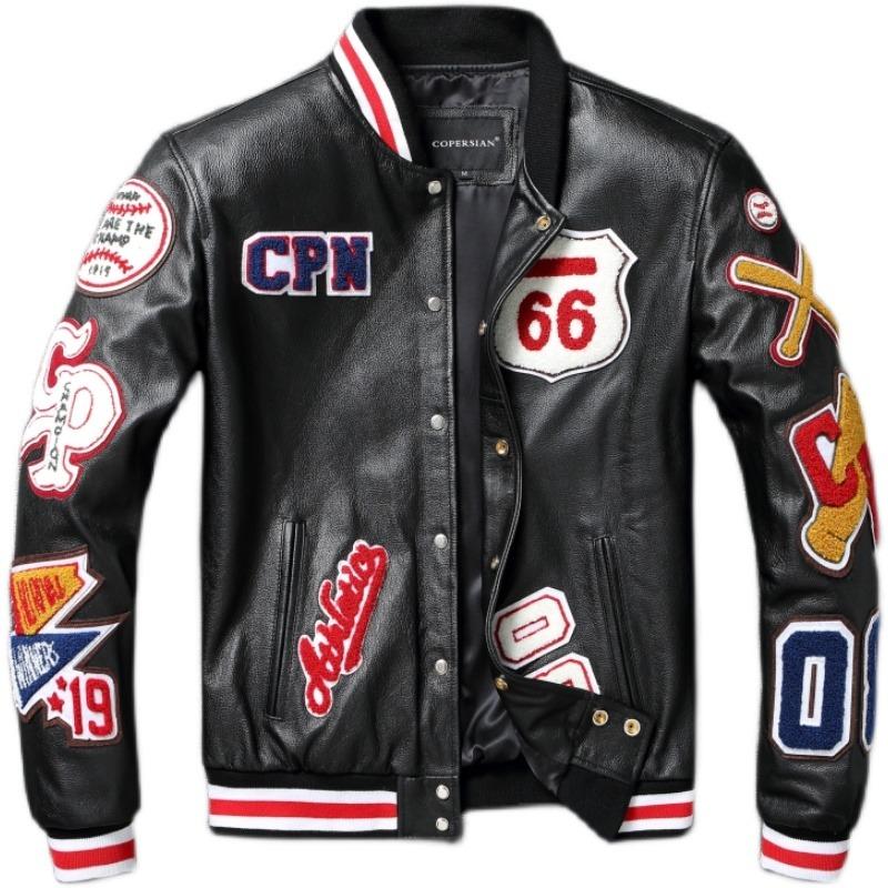 Stickerei Patches Baseball Jacken Echtes Rindsleder Leder Jacke Männer Motorrad Biker Mäntel Herbst Herren Mantel S schwarz