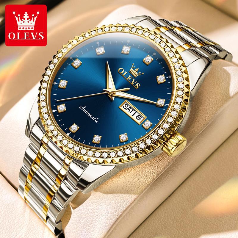 OLEVS Herrenuhr Gold Automatische Mechanische Uhr Mode Business Uhren Herren Edelstahl 3ATM Wasserdichte Uhren blau