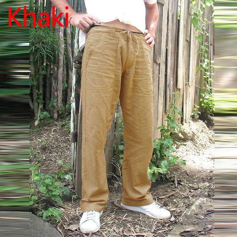 Mode Luxus Männer Natur Baumwolle Leinen Hosen Sommer Jogger Hosen Männliche Feste Elastische Taille Hose Gerade Lose Lauf Hosen plus Größe L khaki